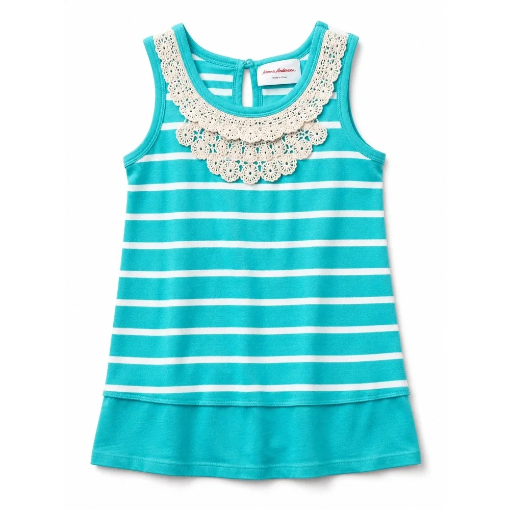 Hanna Andersson Girls Turquoise White Striped Crochet Lace Collar Dress 100 4T